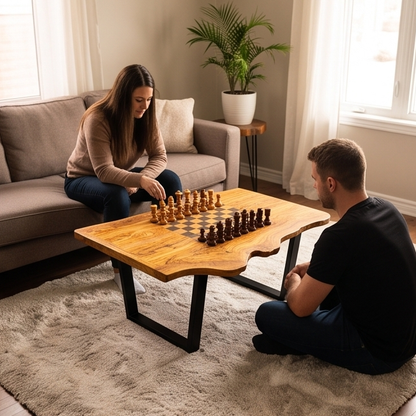 Luxury Live Edge Olive Wood Chess Coffee Table - Modern Industrial Game Table
