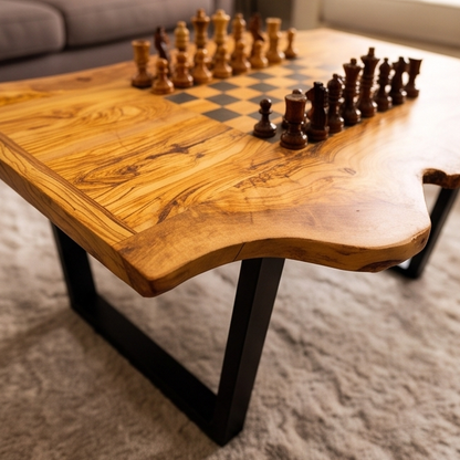 Luxury Live Edge Olive Wood Chess Coffee Table - Modern Industrial Game Table