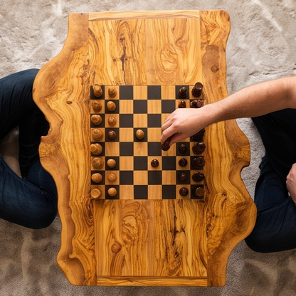 Luxury Live Edge Olive Wood Chess Coffee Table - Modern Industrial Game Table
