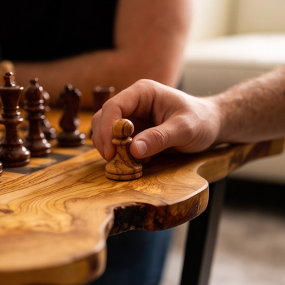 Luxury Live Edge Olive Wood Chess Coffee Table - Modern Industrial Game Table