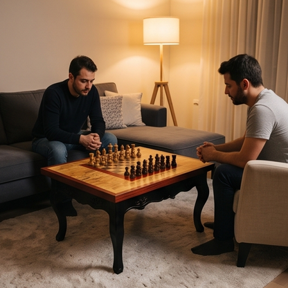 Classic Olive Wood Chess Coffee Table - Handcrafted Elegant Game Table 80x60cm