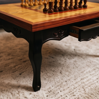 Classic Olive Wood Chess Coffee Table - Handcrafted Elegant Game Table 80x60cm