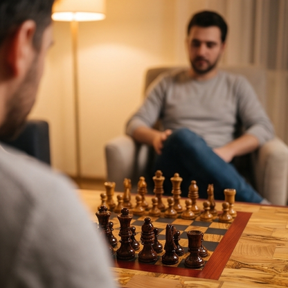Classic Olive Wood Chess Coffee Table - Handcrafted Elegant Game Table 80x60cm