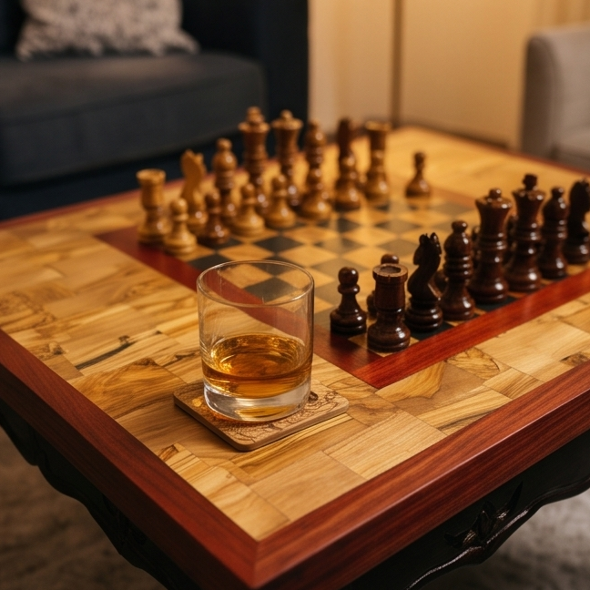 Classic Olive Wood Chess Coffee Table - Handcrafted Elegant Game Table 80x60cm