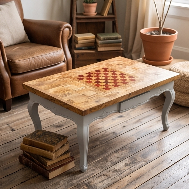 Olive Wood Handcrafted Rectangular End Grain Living Room Chess Coffee Table With Drawer