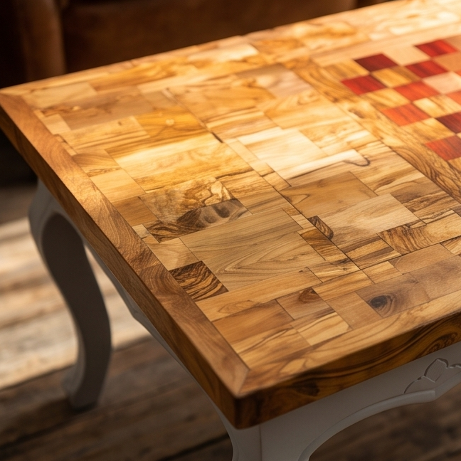 Olive Wood Handcrafted Rectangular End Grain Living Room Chess Coffee Table With Drawer