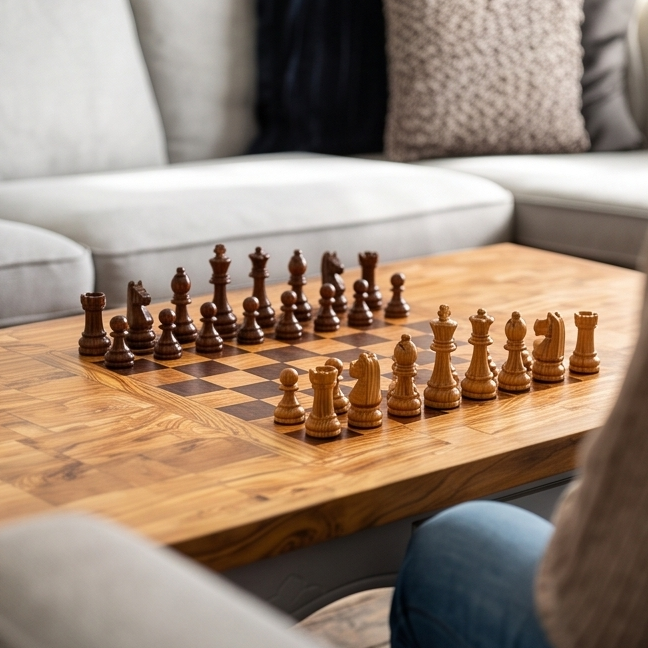 Olive Wood Handcrafted Rectangular End Grain Living Room Chess Coffee Table With Drawer