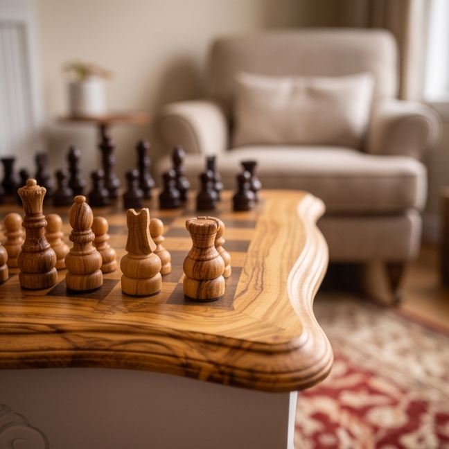 Luxury Square Olive Wood Chess Table - Elegant Handcrafted Side Table 45x45cm