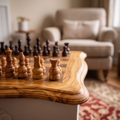 Luxury Square Olive Wood Chess Table - Elegant Handcrafted Side Table 45x45cm