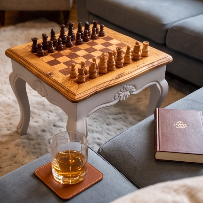 Luxury Square Olive Wood Chess Table - Elegant Handcrafted Side Table 45x45cm