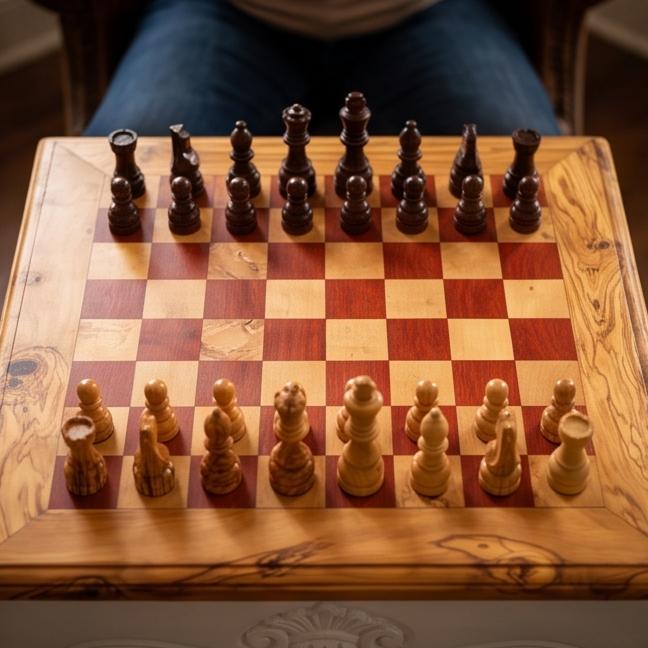 Luxury Square Olive Wood Chess Table - Elegant Handcrafted Side Table 45x45cm