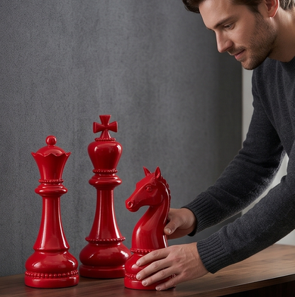 Giant Red Chess Pieces Decor Set of 3 - King, Queen & Knight Sculptures