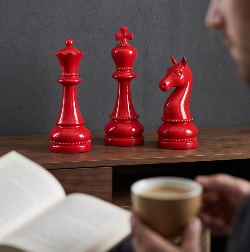 Giant Red Chess Pieces Decor Set of 3 - King, Queen & Knight Sculptures