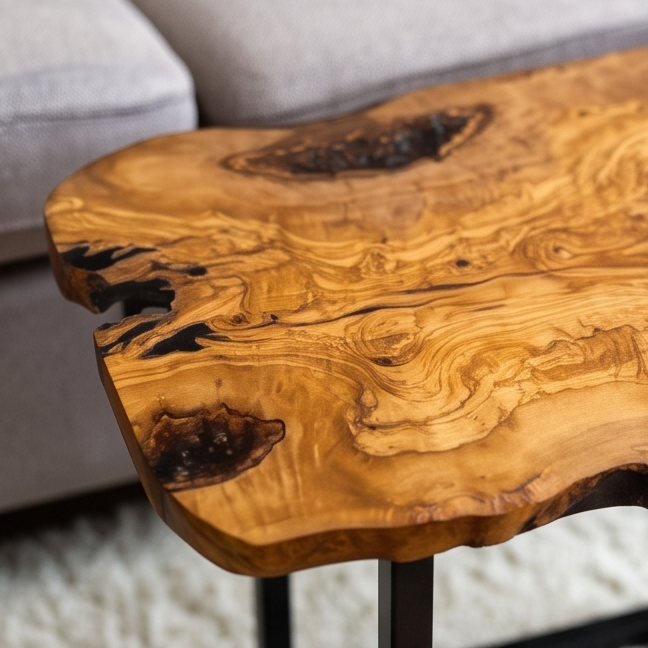 Luxury Live Edge Olive Wood Side Table - Modern Industrial Metal Accent Table