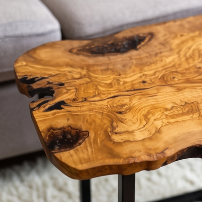 Luxury Live Edge Olive Wood Side Table - Modern Industrial Metal Accent Table