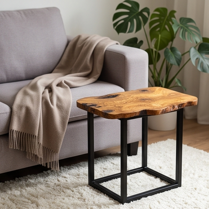 Luxury Live Edge Olive Wood Side Table - Modern Industrial Metal Accent Table