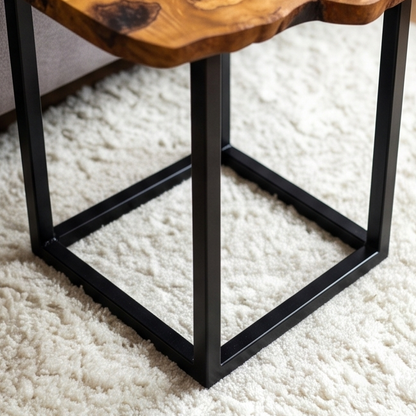 Luxury Live Edge Olive Wood Side Table - Modern Industrial Metal Accent Table