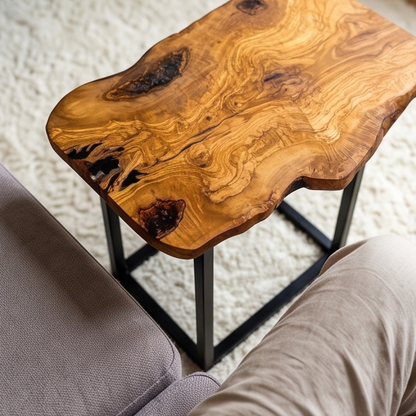 Luxury Live Edge Olive Wood Side Table - Modern Industrial Metal Accent Table