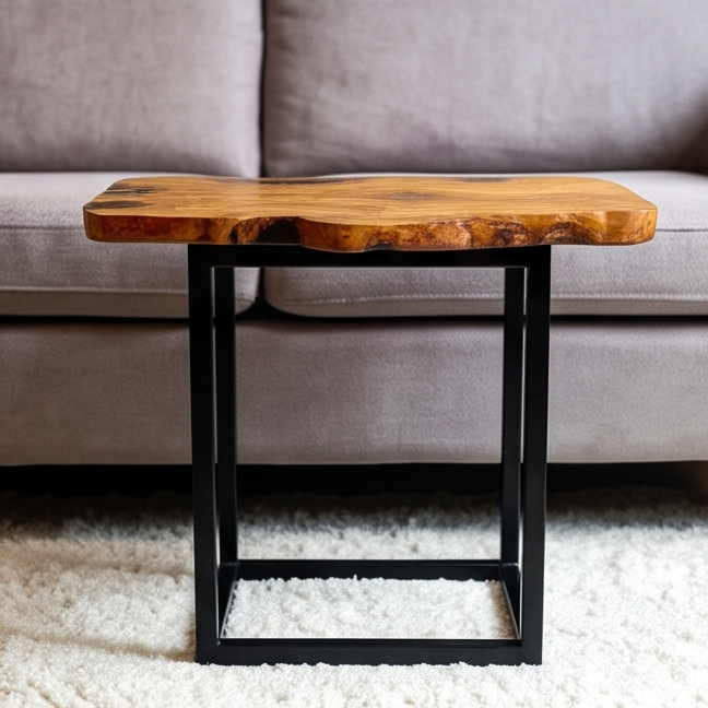 Luxury Live Edge Olive Wood Side Table - Modern Industrial Metal Accent Table