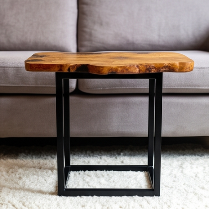 Luxury Live Edge Olive Wood Side Table - Modern Industrial Metal Accent Table