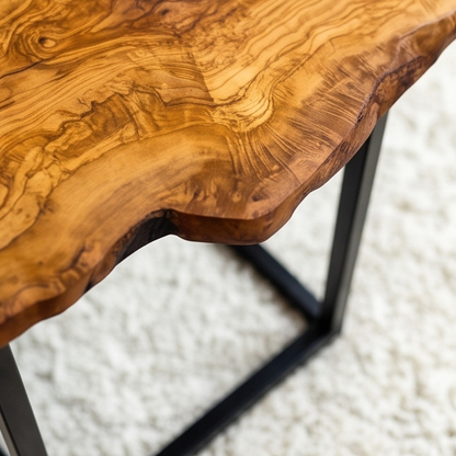 Luxury Live Edge Olive Wood Side Table - Modern Industrial Metal Accent Table