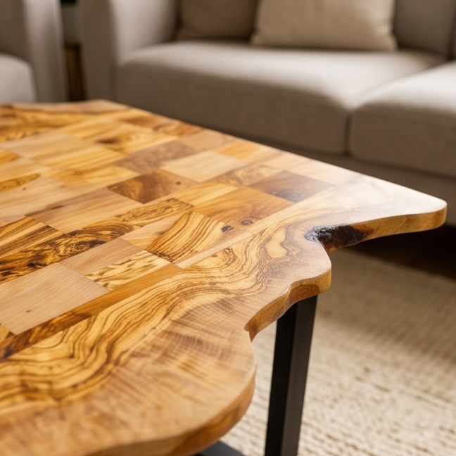 Luxury Live Edge Olive Wood Coffee Table - Modern Industrial Living Room Table