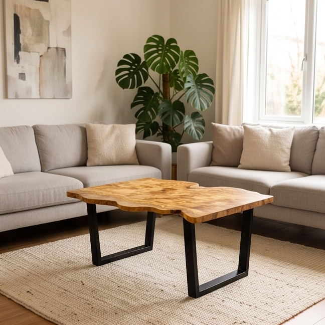 Luxury Live Edge Olive Wood Coffee Table - Modern Industrial Living Room Table