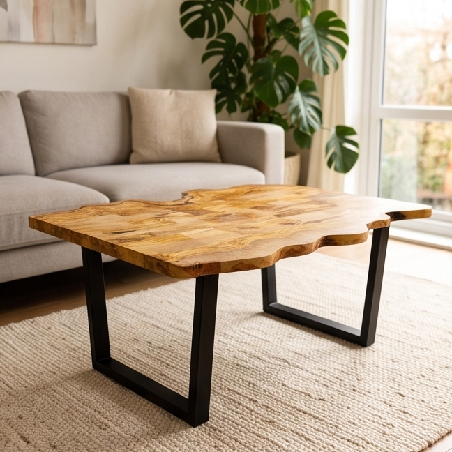 Luxury Live Edge Olive Wood Coffee Table - Modern Industrial Living Room Table
