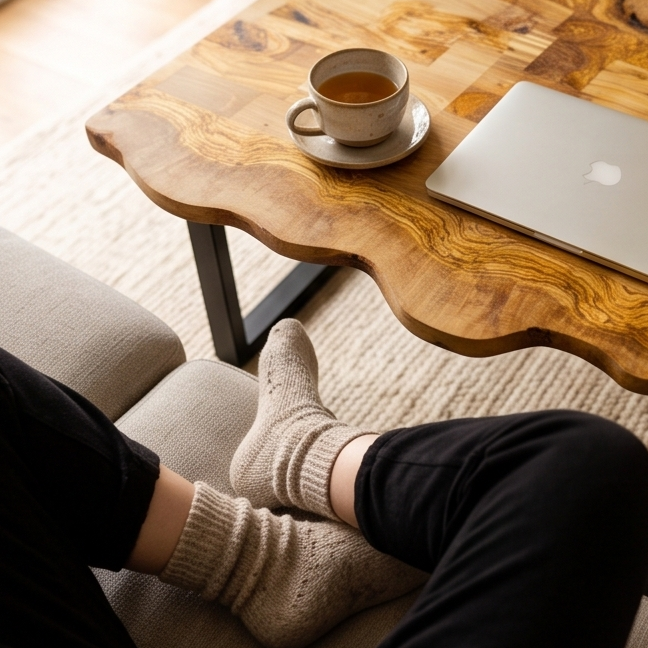 Luxury Live Edge Olive Wood Coffee Table - Modern Industrial Living Room Table