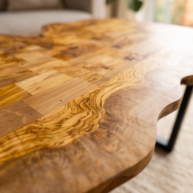 Luxury Live Edge Olive Wood Coffee Table - Modern Industrial Living Room Table