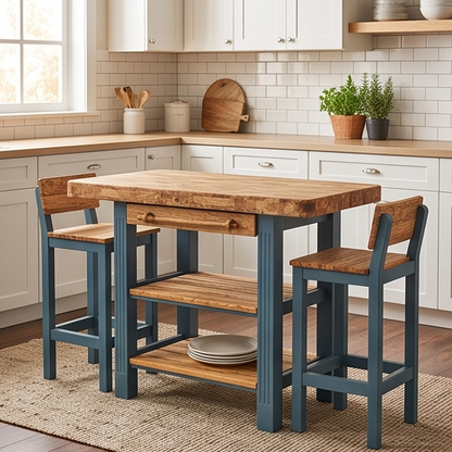 Luxury Wooden Kitchen Island Set with 2 Bar Stools - Storage Breakfast Bar Table