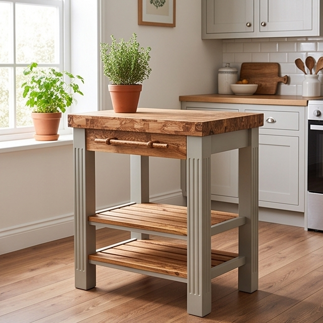 Premium Wooden Kitchen Island Cart - Compact Butcher Block Prep Station Table