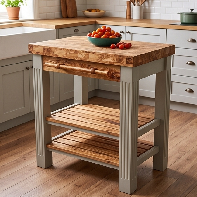 Premium Wooden Kitchen Island Cart - Compact Butcher Block Prep Station Table