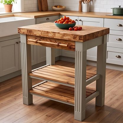 Premium Wooden Kitchen Island Cart - Compact Butcher Block Prep Station Table