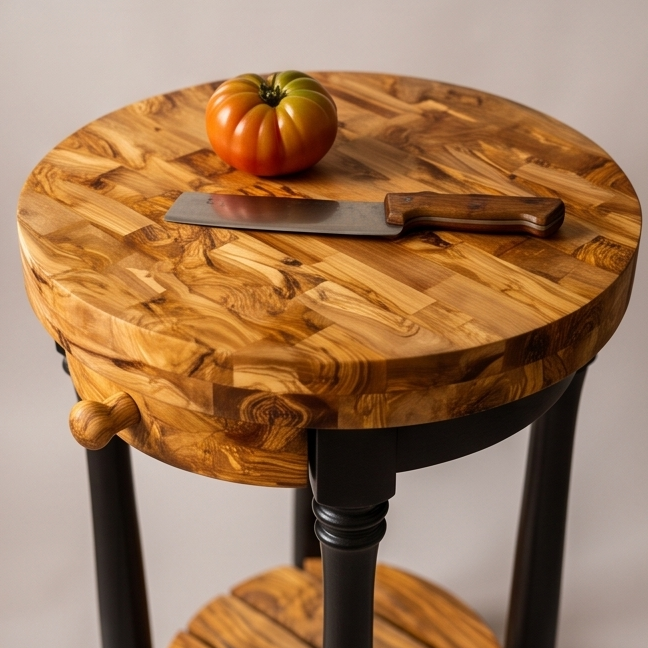 Desservant de cuisine rond en bois d'olivier - Station de préparation culinaire de luxe avec billot de boucher