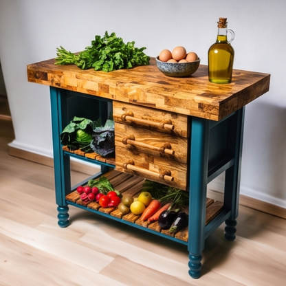 Premium Olive Wood Kitchen Island Cart - Large Butcher Block Prep Table 100cm