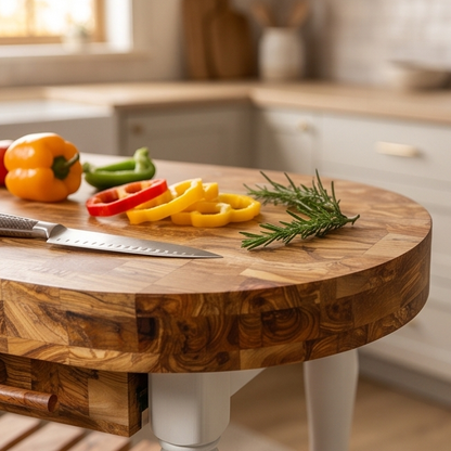 Luxury Oval Olive Wood Kitchen Island Set - Prep Table with 2 Bar Stools