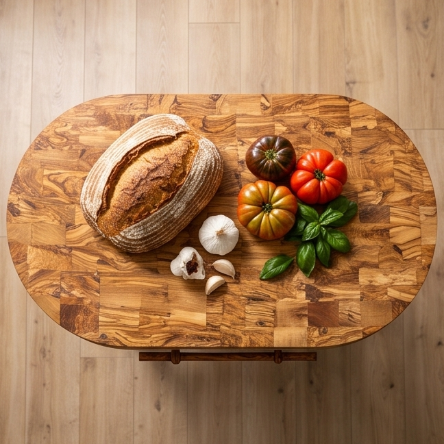 Luxury Oval Olive Wood Kitchen Island Set - Prep Table with 2 Bar Stools