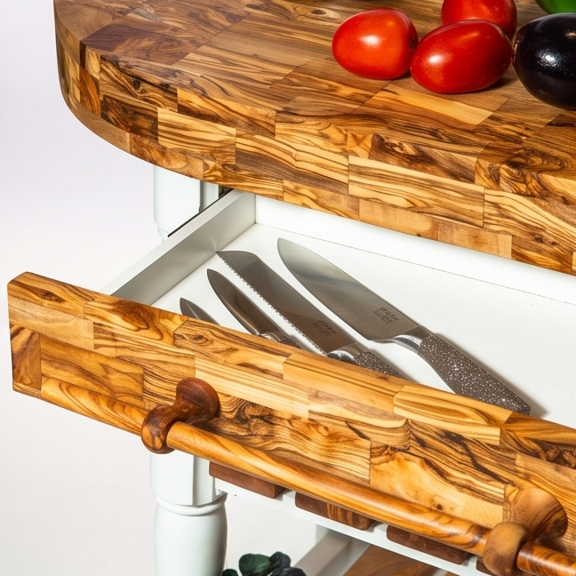 Luxury Oval Olive Wood Kitchen Island Set - Prep Table with 2 Bar Stools
