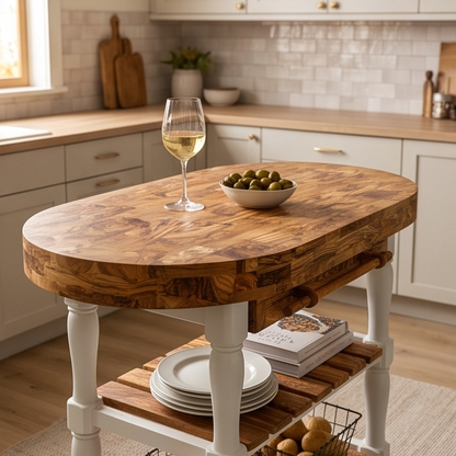 Luxury Oval Olive Wood Kitchen Island Set - Prep Table with 2 Bar Stools