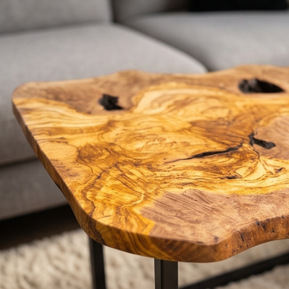 Luxury Live Edge Olive Wood Side Table - Modern Industrial Metal Accent Table