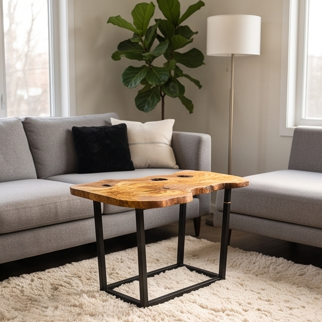 Luxury Live Edge Olive Wood Side Table - Modern Industrial Metal Accent Table