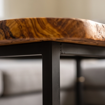 Luxury Live Edge Olive Wood Side Table - Modern Industrial Metal Accent Table