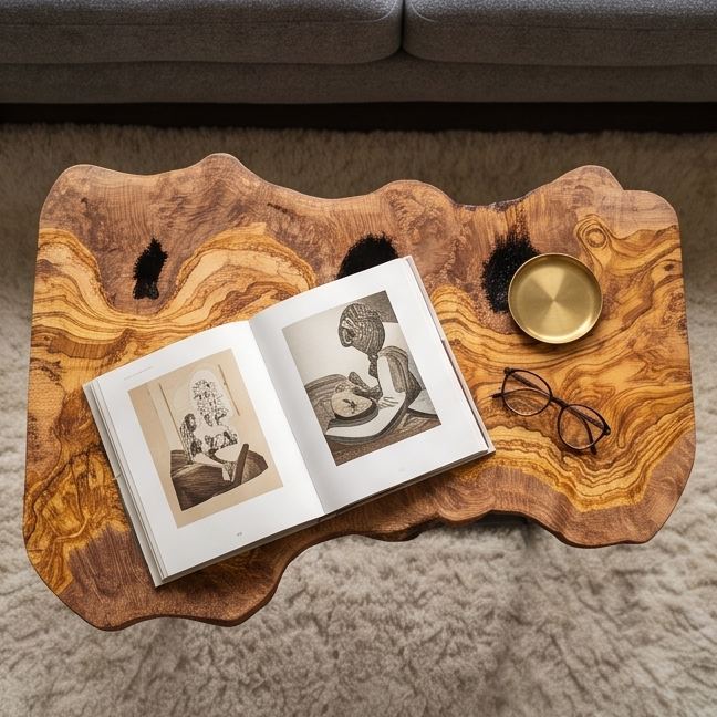 Luxury Live Edge Olive Wood Side Table - Modern Industrial Metal Accent Table