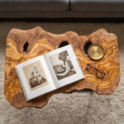 Luxury Live Edge Olive Wood Side Table - Modern Industrial Metal Accent Table