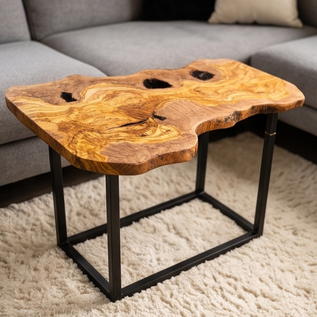 Luxury Live Edge Olive Wood Side Table - Modern Industrial Metal Accent Table