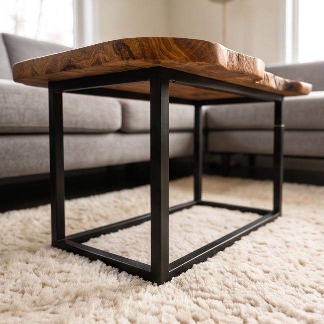 Luxury Live Edge Olive Wood Side Table - Modern Industrial Metal Accent Table