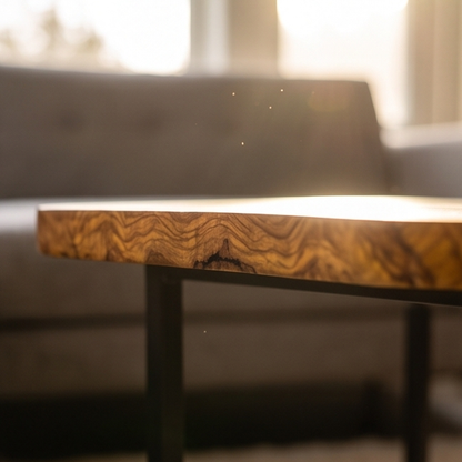 Luxury Live Edge Olive Wood Side Table - Modern Industrial Metal Accent Table