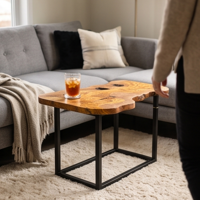 Luxury Live Edge Olive Wood Side Table - Modern Industrial Metal Accent Table