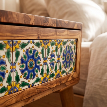 Mid-Century Modern Wooden Side Table - Boho Accent Nightstand with Tile Drawer